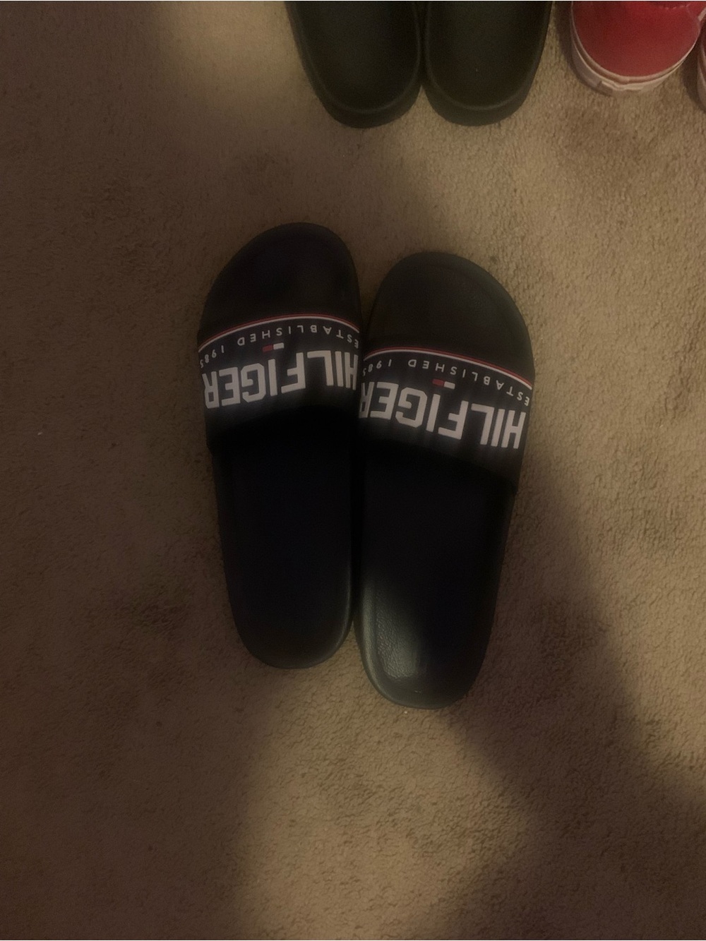 Tommy Hilfiger Navy and Black Logo Slide Sandals